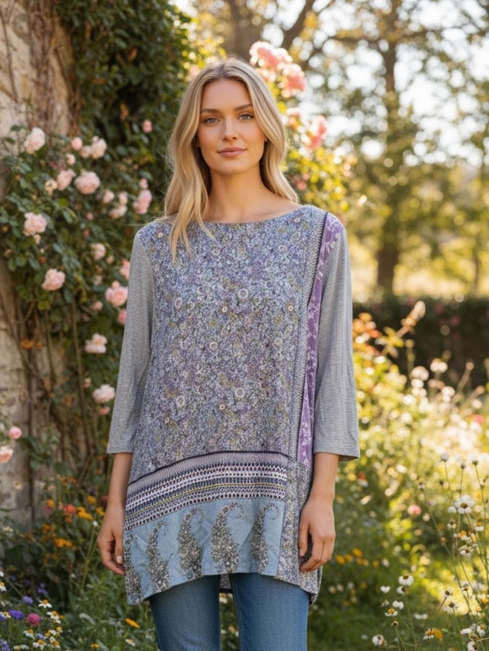 J Jill Purple Gray Floral Boho Patchwork Tunic Top Peasant 3/4 Sleeve Cottage XL